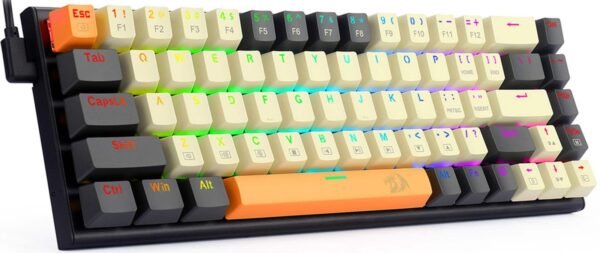 626b3bd4-275a-4751-84a7-d2dda055e855-scaled-1.jpg REDRAGON - K633CGO-RGB Wired 60% Mechanical Gaming Keyboard, RGB Backlit 68 Keys Progammable Keyboard, Hot-Swappable Red Switch - Black/Beige/Orange